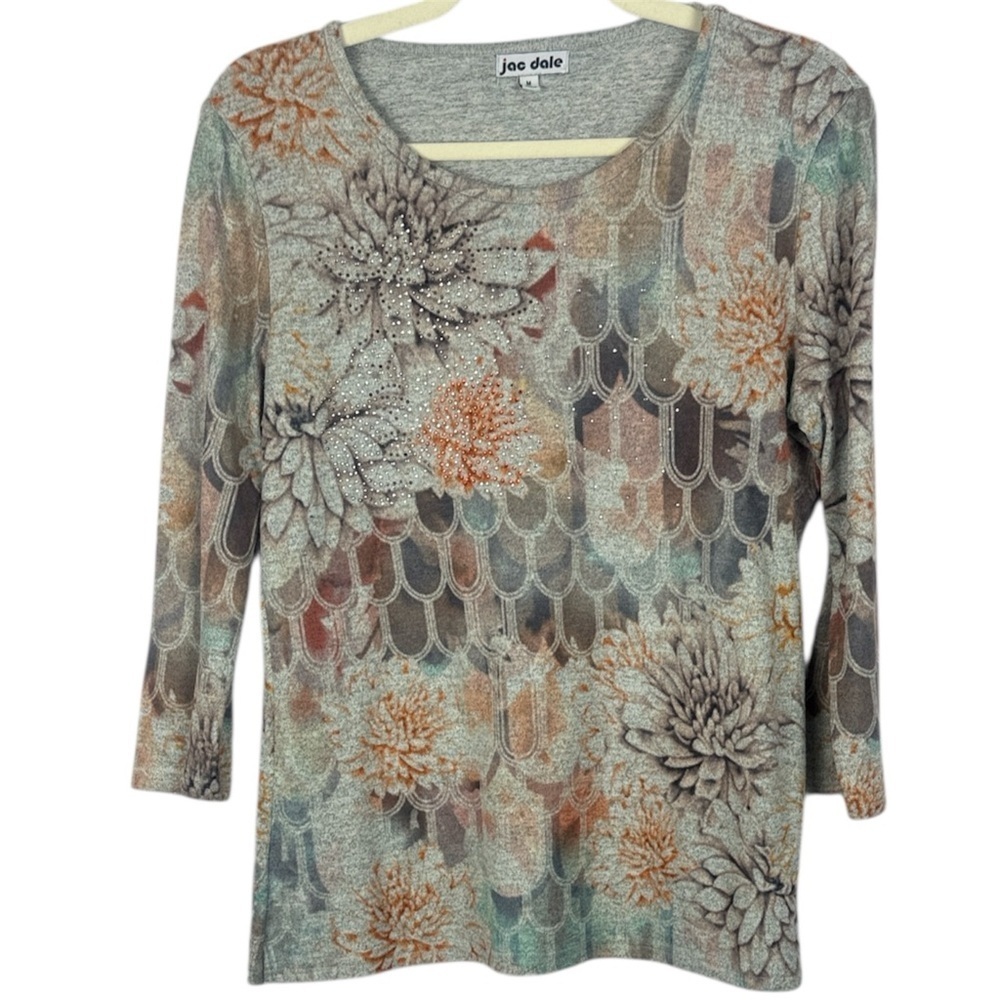 Jac Dale Gray Orange Floral Geometric Pattern Sparkle 3/4 Sleeve Medium Top
